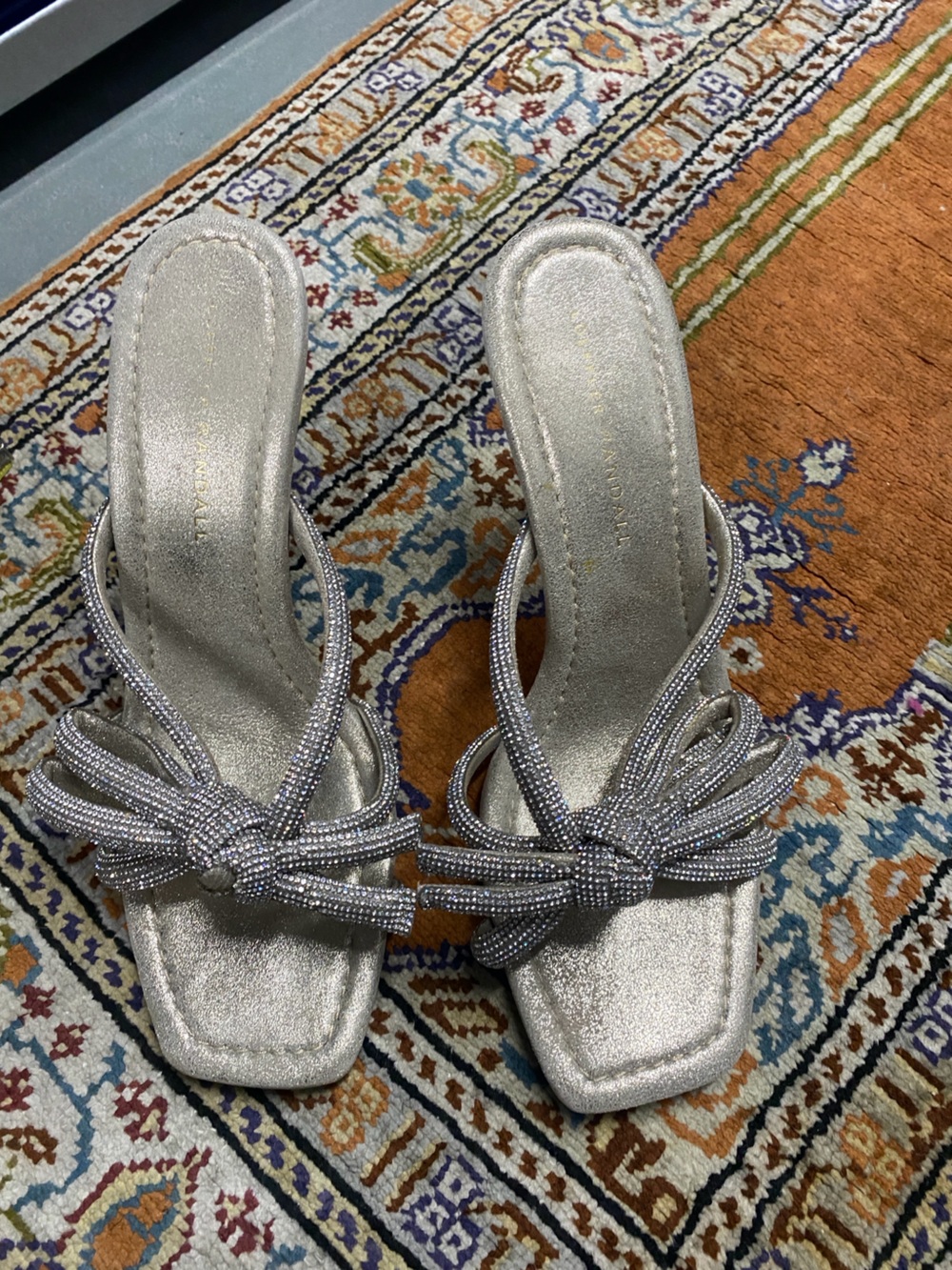 Loeffler Randall Silver Rhinestone Knot Slide Heels